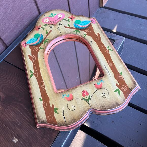 Retro Cottage Style Wood Framed Wall Mirror Hand Painted Bluebirds Folk Art - Picture 4 of 9